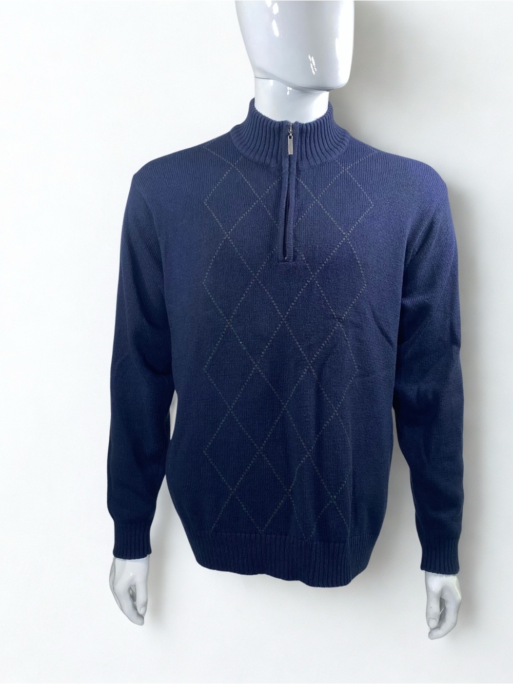 Oscar de la Renta Navy Half-Zip Argyle Knit Sweater